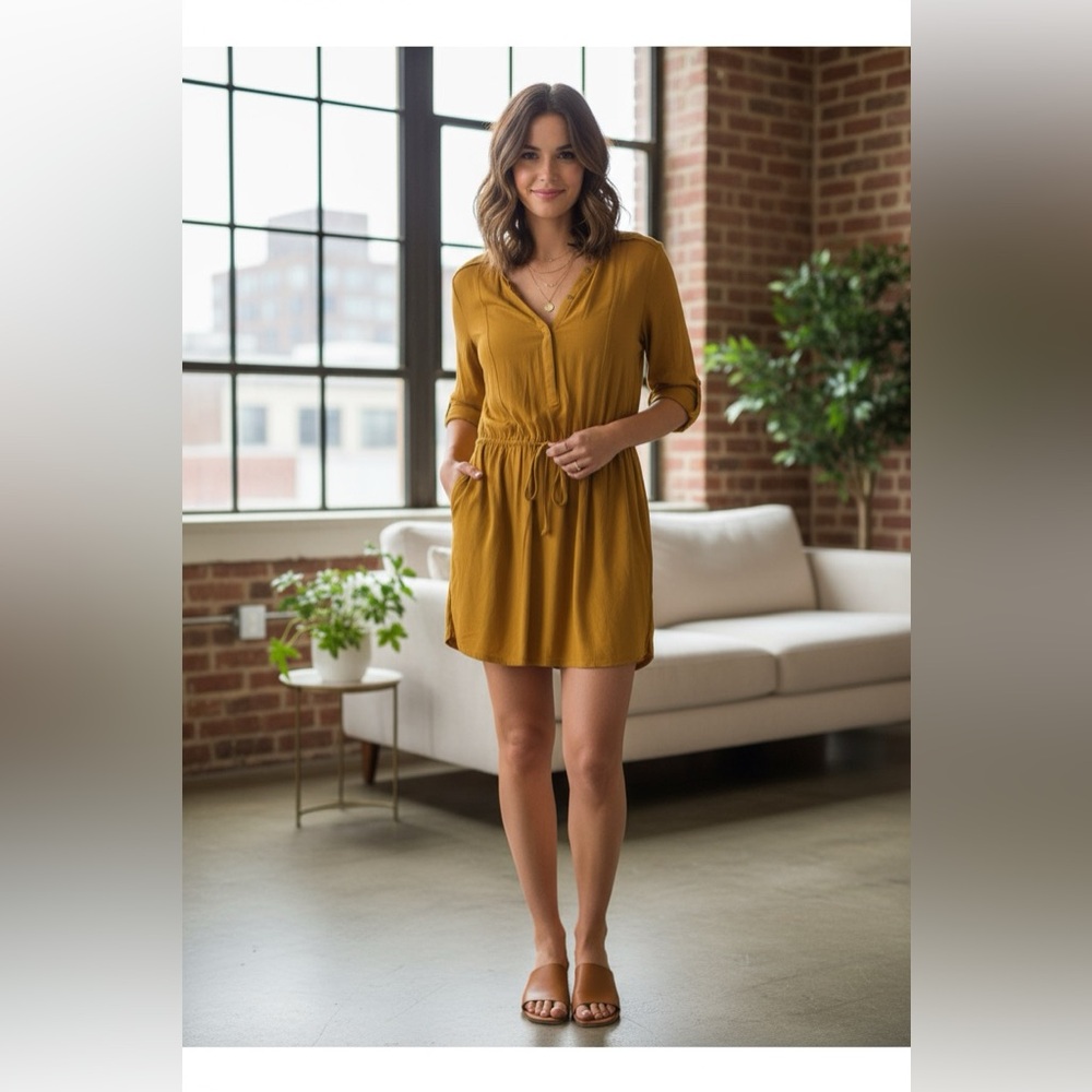 🕠 Banana Republic | Mustard | Long Sleeve Tie Waist Mini Shirt Dress | 2